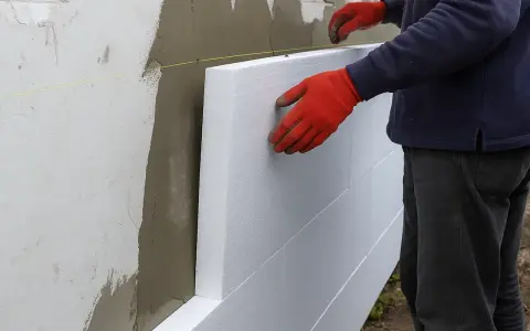 Pracownik w czerwonych rękawicach montuje styropian na ścianie. Dowiedz się, ile kosztuje elewacja domu.