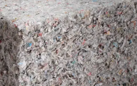 Materiały budowlane: celuloza ocieplenie z recyklingu, tworzące zwartą, włóknistą strukturę z kolorowymi fragmentami.