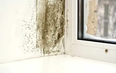 Rozległa wilgoć na ścianie przy oknie, tworząca ciemne plamy i nalot.