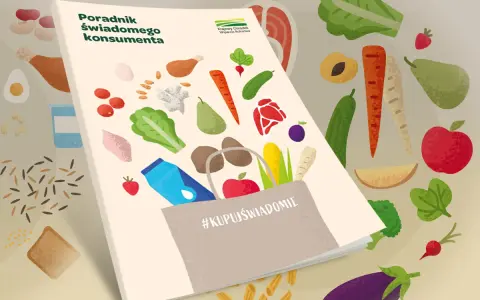 Poradnik świadomego konsumenta z grafiką produktów spożywczych, w tym marchewki, jabłka i brokułów. Na okładce widnieje hasztag #KupujŚwiadomie.
