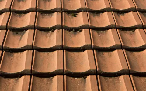 Czerwona dachówka ceramiczna, lekko porośnięta mchem. Sprawdź aktualną dachówka ceramiczna cena za m2.