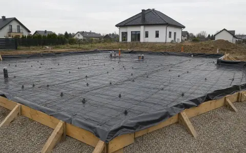 Fundament budowy domu z zbrojeniem i folią fundamentową, gotowy do zalania betonem. W tle widać domy mieszkalne.