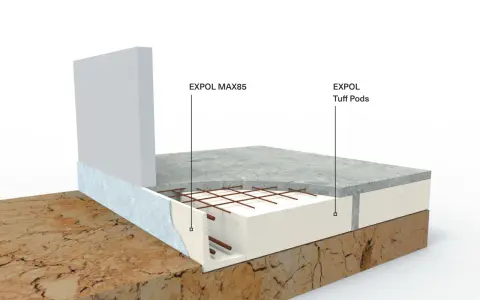 Przekrój posadzki z betonem EXPOL MAX85 i EXPOL Tuff Pods. Izolacja fundamentów i podłogi.