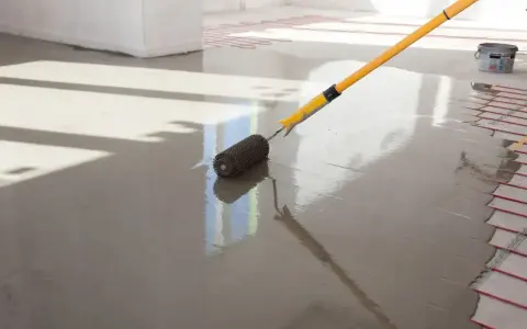 Wałek do betonu wygładzający świeżą wylewkę na podłodze z ogrzewaniem podłogowym.