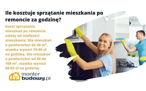 Cennik sprzątania po remoncie: 70-80 zł/h dla mieszkań do 40 m², 60-65 zł/h dla mieszkań 40-100 m². Uśmiechnięci pracownicy sprzątają kuchnię.