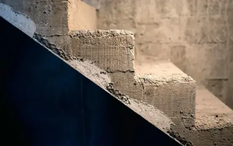 Surowe, betonowe schody z widocznymi nierównościami i siatką zbrojeniową.