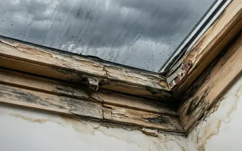 Zniszczone drewniane okno dachowe z pleśnią i zaciekami na ścianie.