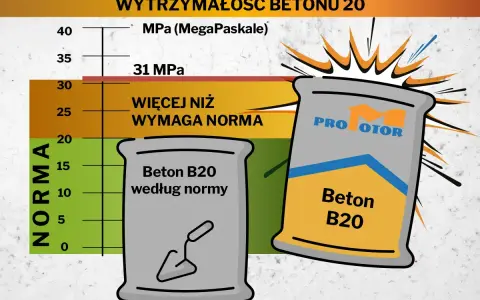 Dwa worki z betonem B20, jeden według normy, drugi z wyższą wytrzymałością, na tle wykresu.
