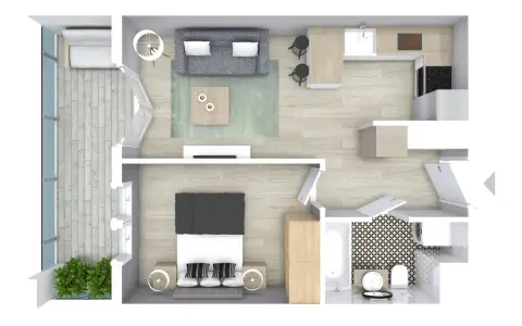 Nowoczesny projekt mieszkania: salon z sofą, kuchnia z wyspą, sypialnia z łóżkiem, łazienka z wanną i pralką, balkon z roślinami.