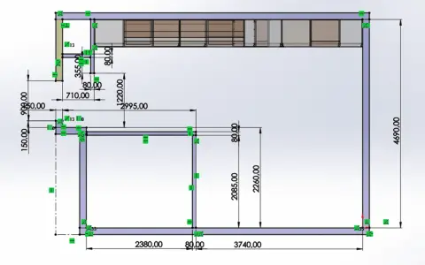 Projekt kuchni z wymiarami szafek. Widoczne linie pomocnicze i oznaczenia wymiarów w milimetrach, np. 4690,00 mm.