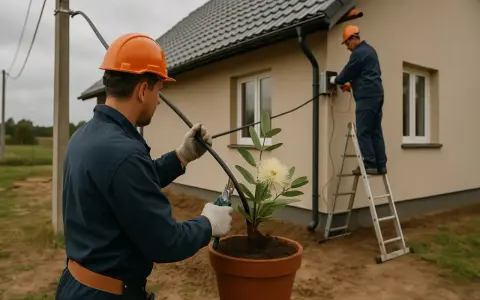 Pracownicy montują przyłącze prądu do domu. Dowiedz się, ile kosztuje przyłącze prądu.