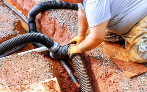Instalator łączy rury odprowadzające wodę do budowanej studni chłonnej.