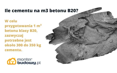 Ile cementu na m3 betonu B20? Potrzeba ok. 300-350 kg cementu na 1 m³ betonu B20.