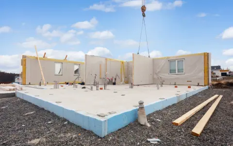 Budowa domu z prefabrykowanych paneli ściennych, widoczny fundament i dźwig.