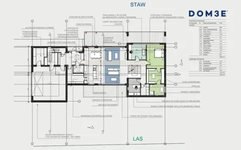 Rzut architektoniczny domu z opisami pomieszczeń i tabelą powierzchni.