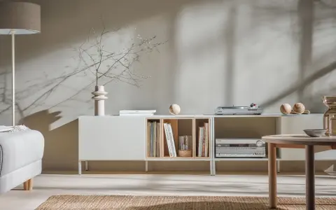Elegancka komoda w kolorze kaszmir, z gramofonem i książkami.