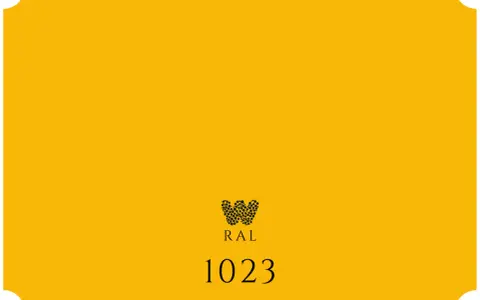 Jasnożółte tło z zaokrąglonymi rogami. Na środku logo z napisem "RAL" i cyframi "1023". Kolor RAL 1023.