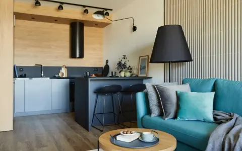 Nowoczesny aneks kuchenny i przytulny salon – inspiracja, jak urządzić mały salon z aneksem. Turkusowa kanapa, drewniane akcenty.