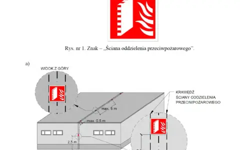 Schemat przedstawia budynek z zaznaczonym ogniomurem, który jest ścianą oddzielenia przeciwpożarowego.