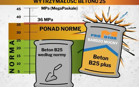 Wykres porównuje wytrzymałość betonu B25. Beton B25 plus jest ponad normę, idealny, jaki beton na fundament.