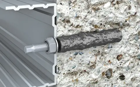 Przekrój pokazuje, jak kotwy chemiczne mocują profil aluminiowy do betonu. Solidne połączenie dla trwałej konstrukcji.