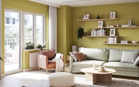 Jasny, limonkowy kolor ścian tworzy przytulną atmosferę w salonie z pastelową sofą i fotelem.