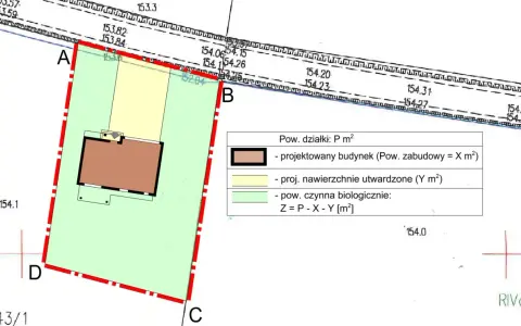 Plan sytuacyjny z zaznaczonym projektowanym budynkiem i nawierzchniami, stanowiący część wniosku o warunki zabudowy.