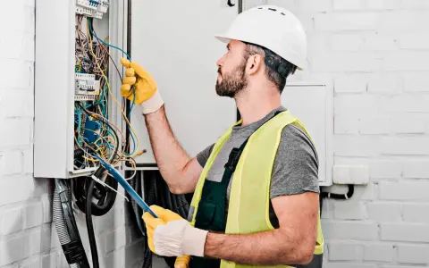 Elektryk w kasku i kamizelce odblaskowej pracuje przy skrzynce z przewodami. Sprawdź nasz cennik usług elektrycznych!