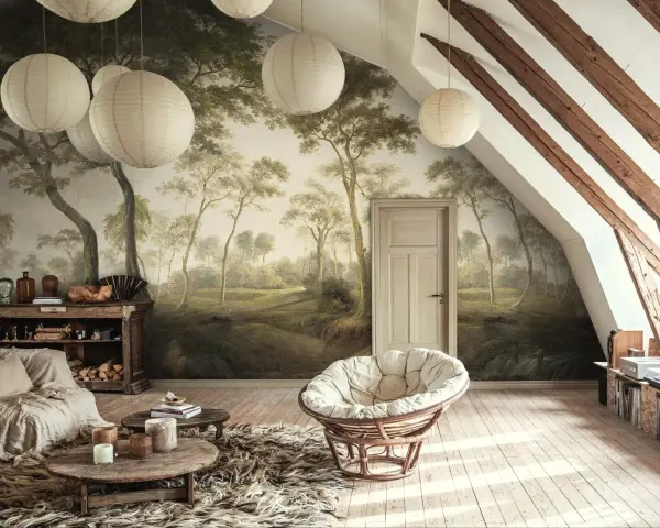 Sypialnia w stylu boho z tapetą imitującą las w odcieniach **kolorów ziemi**. Wygodna sofa, wiklinowy fotel i drewniane meble tworzą przytulną atmosferę.