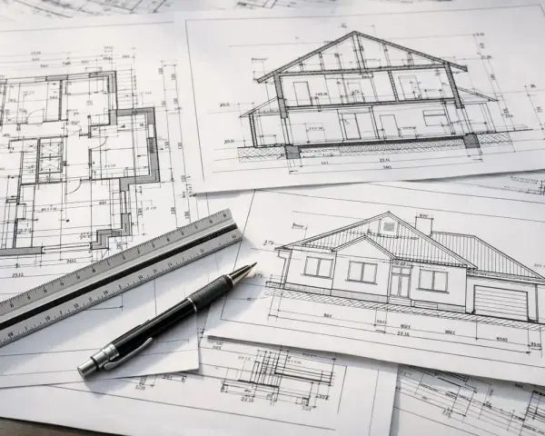 Plany architektoniczne domu, przekroje i rzuty. Linijka i długopis leżą na rysunkach, które określają nieprzekraczalna linia zabudowy.