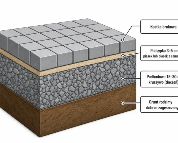 Schemat układania kostki brukowej: warstwa podsypki 3-5 cm piasku lub piasku z cementem na m2, podbudowa 15-30 cm kruszywa, zagęszczony grunt rodzimy.