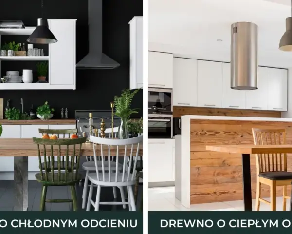 Dwie kuchnie z drewnianymi blatami. Po lewej ciemna ściana, po prawej jasna. Jaki kolor zlewu do drewnianego blatu?