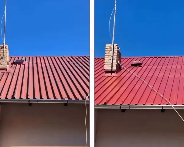 Przed i po myciu dachu. Czerwony dach z kominem, czyste i lśniące pokrycie. Sprawdź mycie dachu cena za m2.