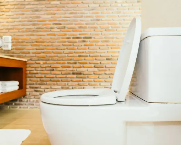 Biała miska WC z podniesioną deską, widoczna w łazience z ceglaną ścianą. Określenie jaka wysokość miski WC od podłogi jest kluczowa dla wygody.