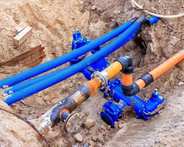Instalacja gazowa w wykopie. Widoczne niebieskie rury osłonowe, pomarańczowe rury gazowe i niebieskie zawory. Koszt instalacji gazowej zależy od wielu czynników.