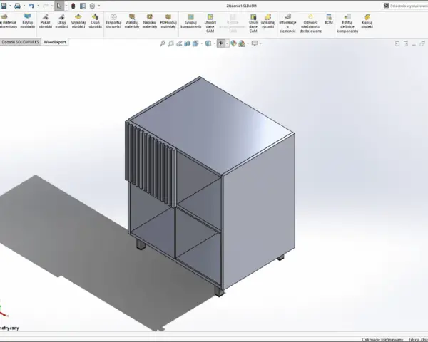 Program do projektowania mebli: wizualizacja szafki z półkami i ozdobnym frontem, stworzona w SolidWorks.