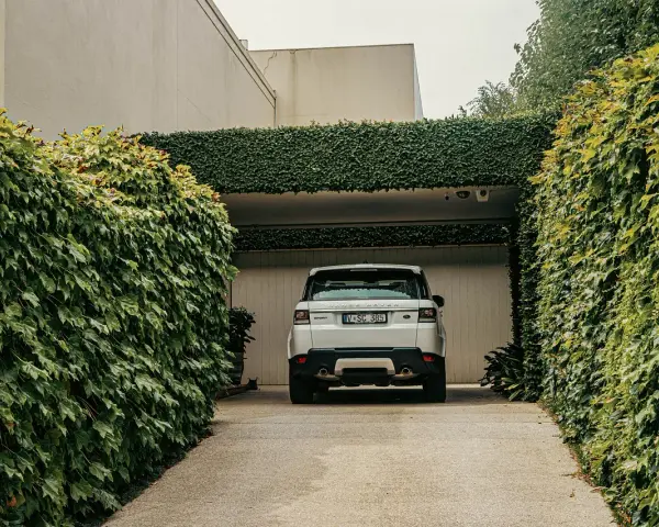 Biały Range Rover wjeżdża na podjazd otoczony bujną zielenią. Naturalna ściana z bluszczu to świetna alternatywa co zamiast kostki na podjazd.