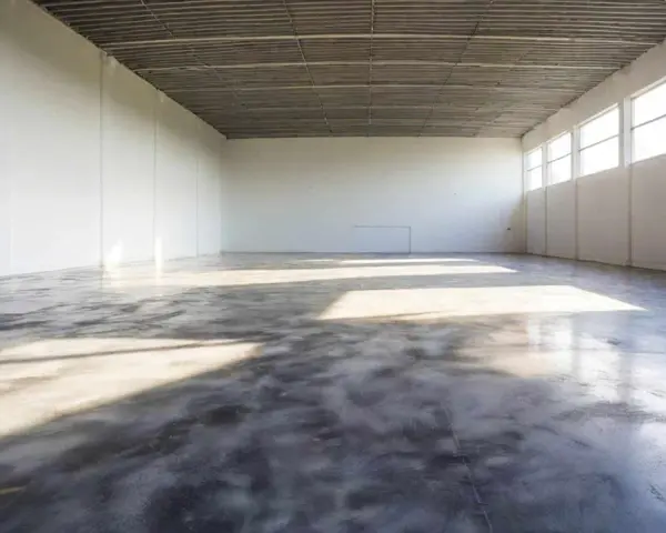 Pusta hala z betonową podłogą, która lśni jak polerowana żywica. Światło wpada przez wysokie okna, tworząc na niej refleksy.
