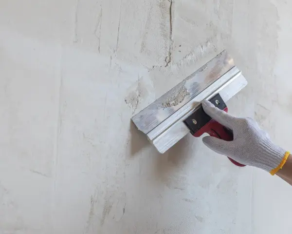 Ręka w rękawicy nakłada gładź na ścianę za pomocą kielni.