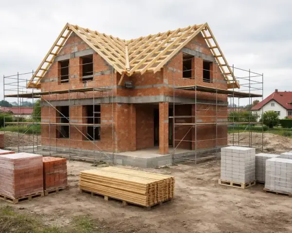 Budowa domu w toku, rusztowania, materiały budowlane. Zastanawiasz się, ile kosztuje projekt domu?