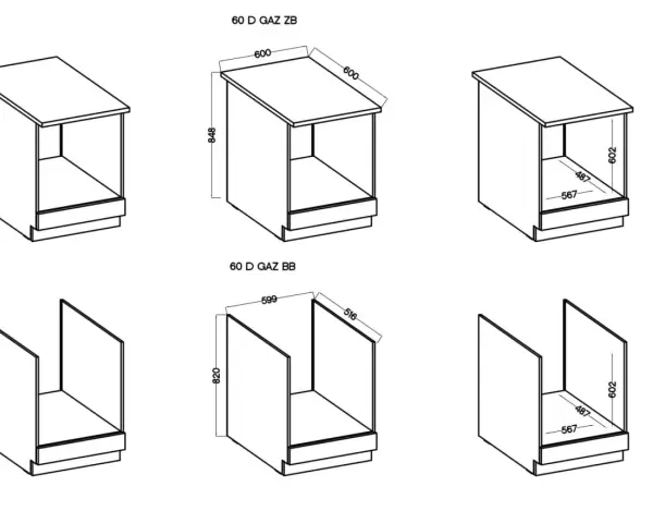Wymiary szafki pod piekarnik: 600x848 mm (góra) i 599x820 mm (dół). Wymiary wewnętrzne 487x567 mm.