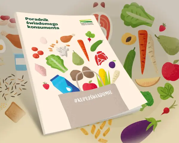 Poradnik świadomego konsumenta z grafiką produktów spożywczych, w tym marchewki, jabłka i brokułów. Na okładce widnieje hasztag #KupujŚwiadomie.