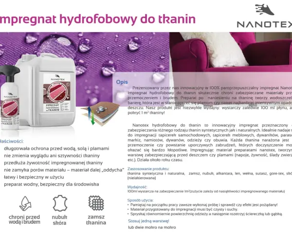Impregnat hydrofobowy Nanotex chroni tkaniny przed wodą i plamami, tworząc niewidzialną barierę. Idealny do odzieży, mebli i namiotów.
