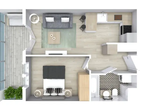 Nowoczesny projekt mieszkania: salon z sofą, kuchnia z wyspą, sypialnia z łóżkiem, łazienka z wanną i pralką, balkon z roślinami.