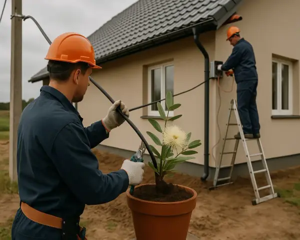 Pracownicy montują przyłącze prądu do domu. Dowiedz się, ile kosztuje przyłącze prądu.