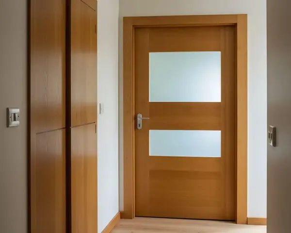 Drewniane drzwi z dwoma przeszkleniami i metalową klamką.