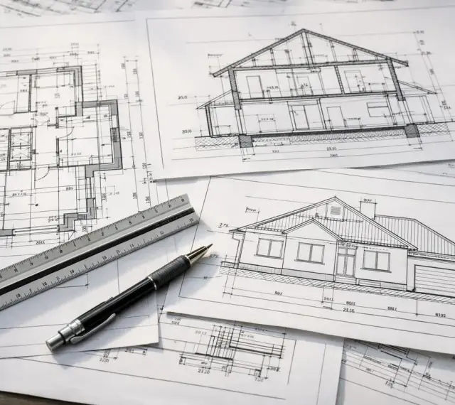Plany architektoniczne domu, przekroje i rzuty. Linijka i długopis leżą na rysunkach, które określają nieprzekraczalna linia zabudowy.