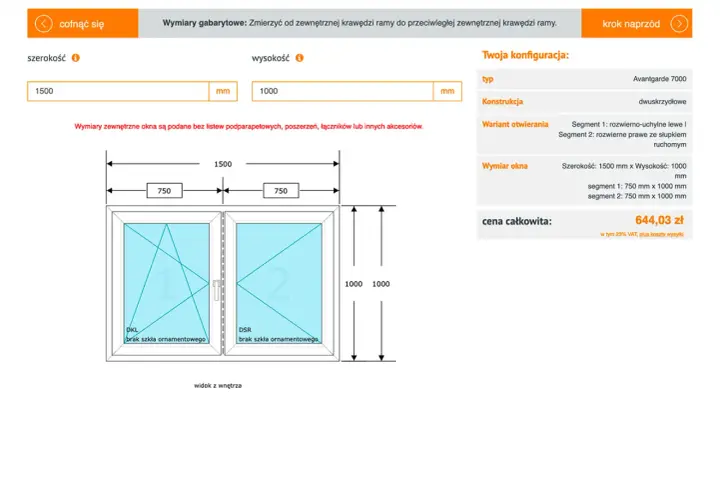 Schemat dwuskrzydłowego okna PCV z wymiarami 1500x1000 mm i ceną 644,03 zł.