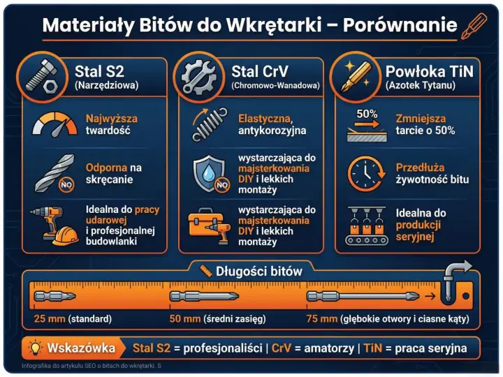 Porównanie materiałów bitów do wkrętarki: stal S2 (najwyższa twardość, odporna na skręcanie), stal CrV (elastyczna, antykorozyjna) i powłoka TiN (zmniejsza tarcie). Długości bitów: 25, 50, 75 mm.