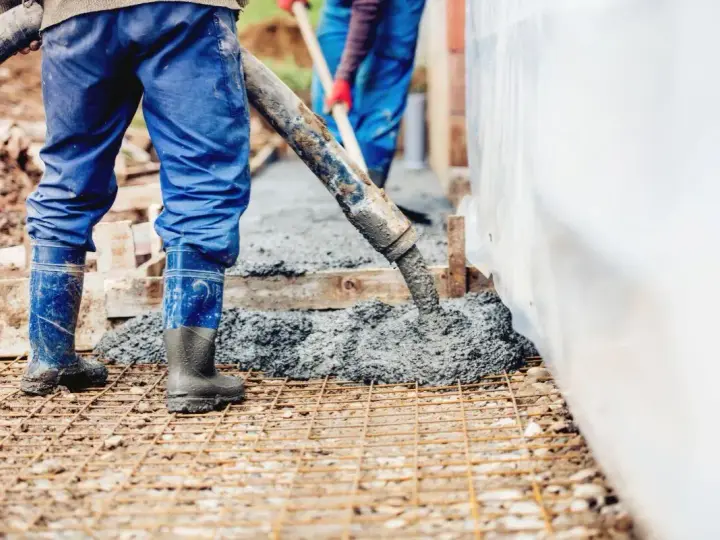 Pracownicy wylewają beton na zbrojenie. Sprawdź aktualną suchy beton cena 1m3.